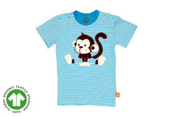 Monkey Applique T-Shirt - Blue Stripe (Organic Cotton)